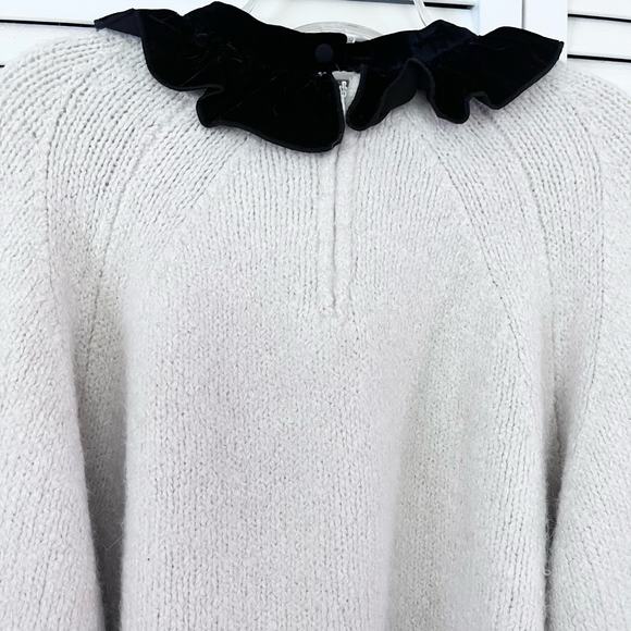 Zara White Knit Black Velvet Bow Collar Long Sleeve Pullover Sweater Medium - Picture 7 of 12